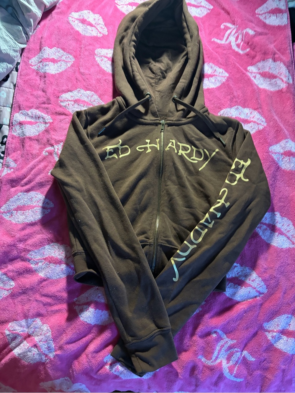 Ed Hardy Brown Zip-Up Hoodie with Pale Yellow Logo